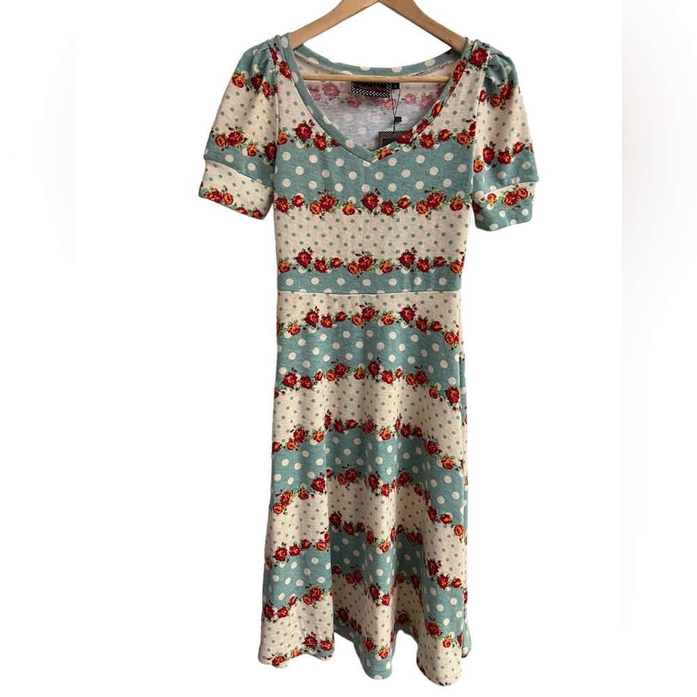 NWT VOODOO VIXEN Retro Floral Polka Dot Puff Sleeve Dress Stretch Sz S‎ Roses